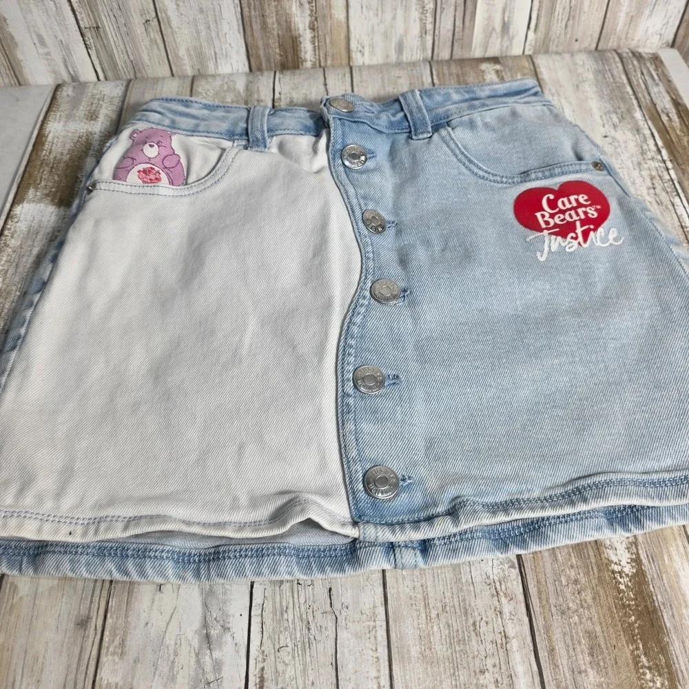 Justice Care Bears Denim Mini Skirt Light Wash Colorblock GirlButton Large 12/14